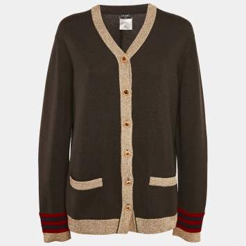 Pre Owned Chanel Brown Cashmere Button Front Lurex Contrast Cardigan M