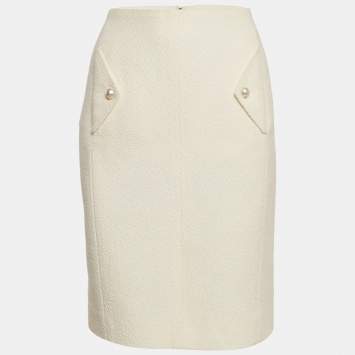 Pre Owned Chanel Off-White Tweed Pencil Skirt L