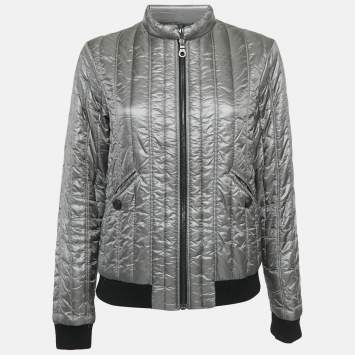 Pre Owned Chanel Grey Nylon Quilted Zip-Up  Jacket M