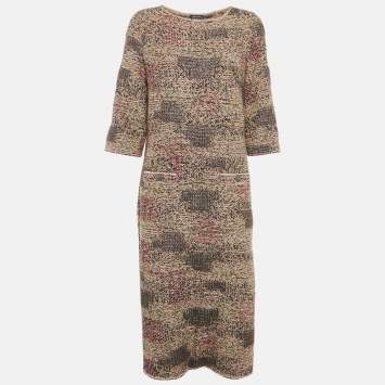 Chanel Brown/Multicolor Patterned Wool Blend Knit Midi Dress L