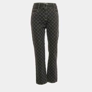 Pre Owned Chanel Charcoal Grey Check Embroidery Denim Jeans M 31"