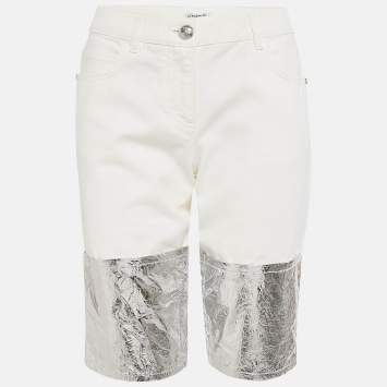 Pre Owned Chanel White Denim Foil Coated Shorts M