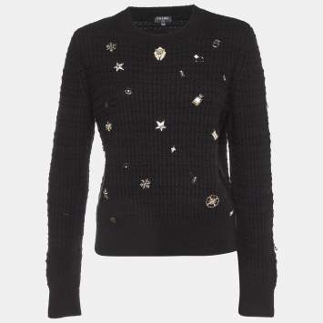 Pre Owned Chanel Black Lucky Charms Embellished Wool Blend Jumper L