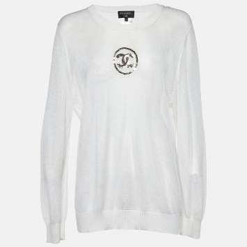 Chanel Off-White Knit Sequin Logo Detail Full Sleeve Sweater L