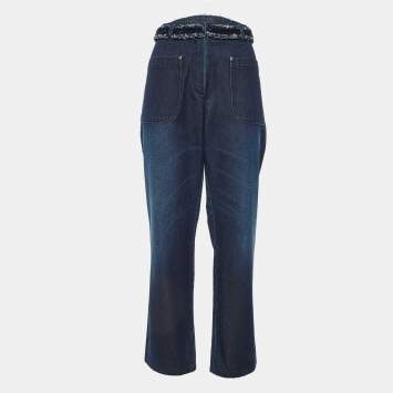 Pre Owned Chanel Indigo Denim Braided Waist Detail Straight Fit Jeans L/Waist 35"