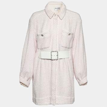 Pre Owned Chanel Pink/White Tweed Belted Jacket L