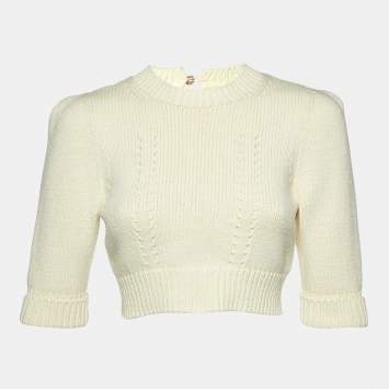 Pre Owned Chanel Cream Cotton Knit Cropped Pullover S