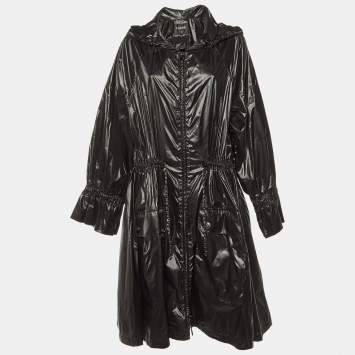 Chanel Black Nylon Hooded Zip Up Coat L