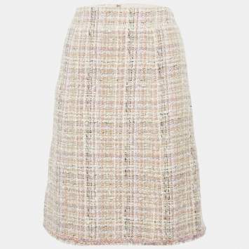 Pre Owned Chanel Beige Tweed Pencil Skirt L