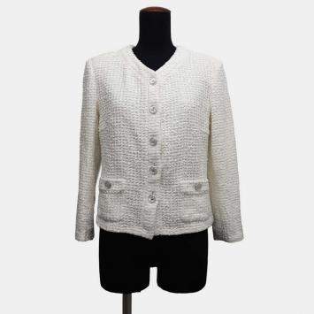 Chanel White Cotton/Nylon/Rayon No-Collar Tweed Jacket Women Size 38