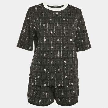 Chanel Black CC Rhinestone Cotton Jersey T-Shirt and Shorts Set S