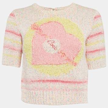 Pre Owned Chanel Pink Coco Heart Intarsia Rib Knit Sweater S