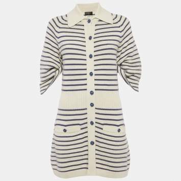 Chanel White/Blue Striped Rib Knit Buttoned Mini Dress M