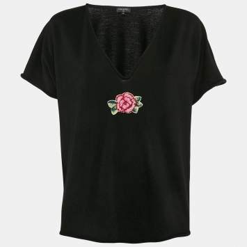 Chanel Black Rose Embroidered Wool Blend V-Neck Top XL