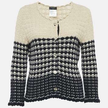 Pre Owned Chanel Navy Blue/Beige  Patterned Knit Button Front Cardigan M