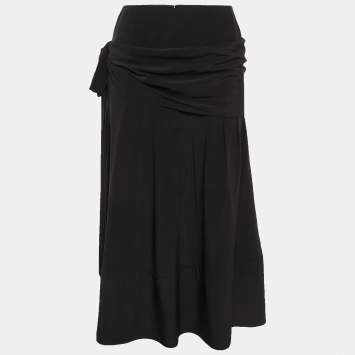 Pre Owned Chanel Black Silk Draped Style Flared Midi Skirt M