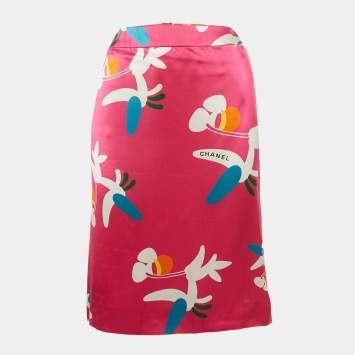 Pre Owned Chanel Pink Abstract Print Satin Silk Midi Skirt M