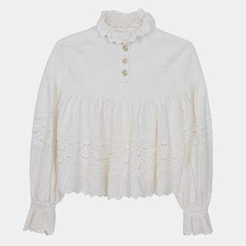 Chanel White Cotton Blend Puff Sleeve Crop Knit Top Size 36 