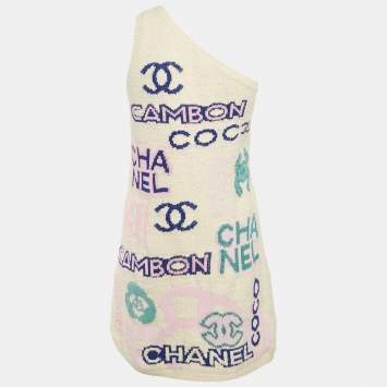 Pre Owned Chanel Off-White Intarsia Cotton Knit One-Shoulder Mini Dress S 