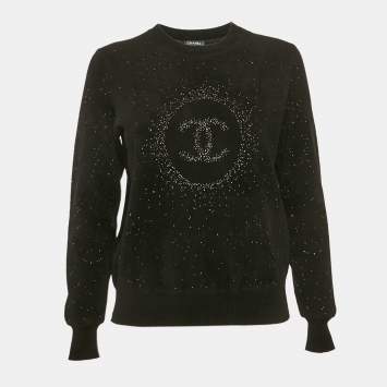 Pre Owned Chanel Black CC Intarsia Knit Crewneck Sweatshirt S