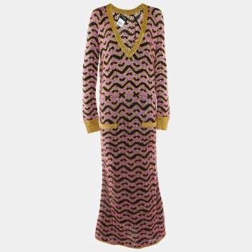 Pre Owned Chanel Multicolor Zig Zag Silk & Mohair Knit Maxi Dress M