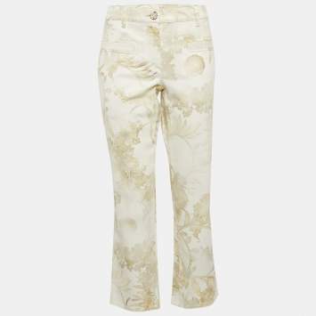 Pre Owned Chanel White Faded Grecian Print Denim Cropped Jeans M Waist 35"