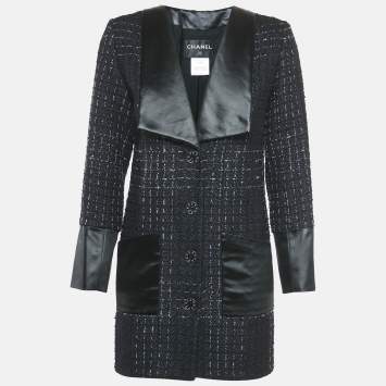 Chanel Black Satin Trim Tweed Coat S