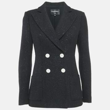 Pre Owned Chanel Black Wool Blend Tweed Double Breasted Blazer M