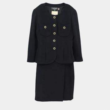 Chanel Black Wool Suit Collarless Jacket Skirt Set Women Size 38 