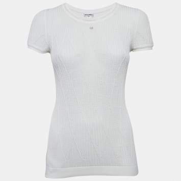 Pre Owned Chanel White Stretch Knit Logo Detail Top M