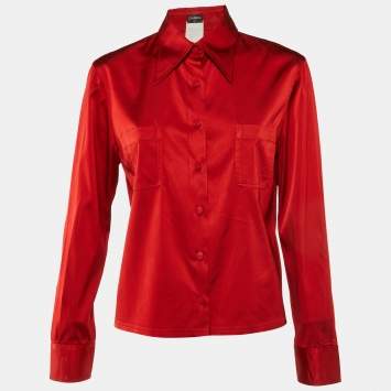 Pre Owned Chanel Red Satin Button Front Shirt L