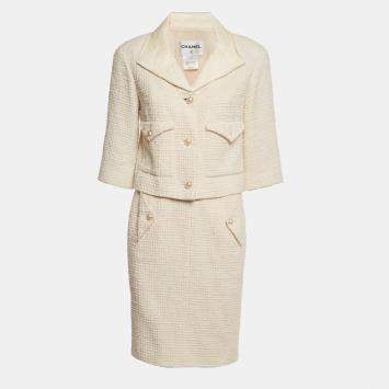 Pre Owned Chanel White Tweed Leather Trim Detail Jacket & Skirt Suit M