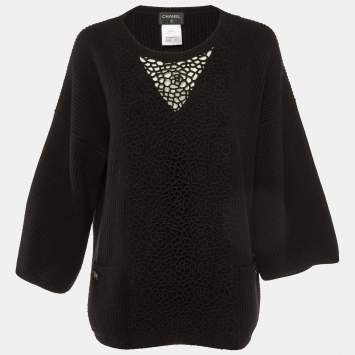 Chanel Black Camelia Cashmere Knit Crew Neck Sweater L