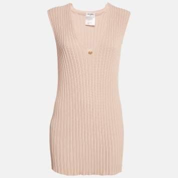 Pre Owned Chanel Pink Rib Knit V-Neck Mini Sweater Dress L