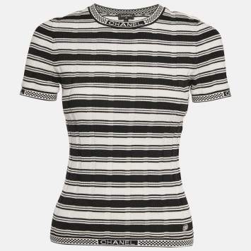 Pre Owned Chanel Black/White Striped Knit Logo Trim Detail Top S