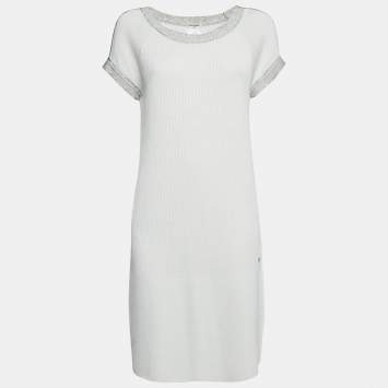 Pre Owned Chanel White Cotton Knit Round Neck Short Dress M