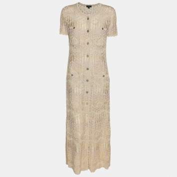 Pre Owned Chanel Metallick Beige Lurex Knit CC Rue Cambon Button Front Long Dress M