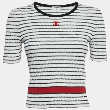 Pre Owned Chanel White Stripe Textured Knit Top S