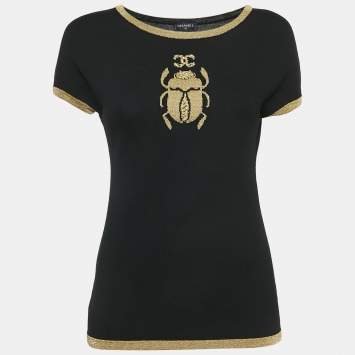 Pre Owned Chanel Black CC  Beetle Lurex Wool Knit Crew Neck Top M