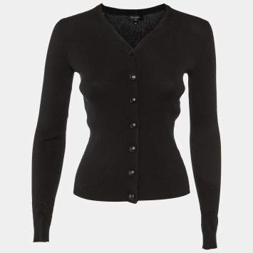 Pre Owned Chanel Black Wool & Cashmere Rib Knit Cardigan S