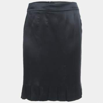 Chanel Navy Blue Satin Silk Pleated Short Skirt M