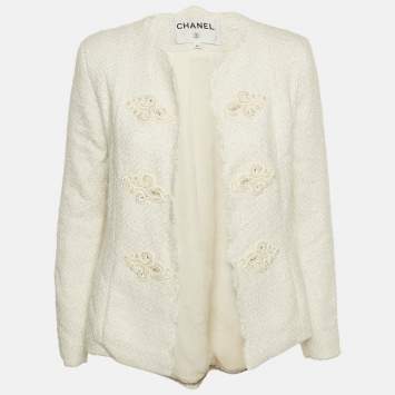 Chanel White Tweed Beads Embellished Jacket S