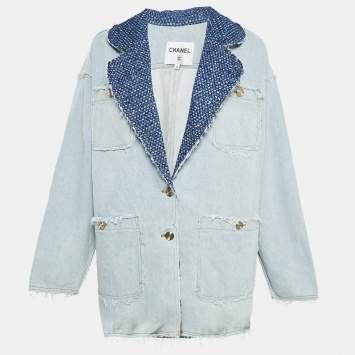 Pre Owned Chanel Blue Tweed Trim Collar Denim Raw Edges Jacket S