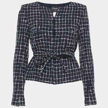 Pre Owned Chanel Navy Blue Tweed Long Sleeve Jacket M
