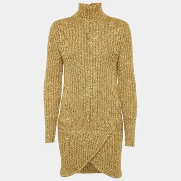 Pre Owned Chanel Gold Sequin Embellished Rib Knit Mini Sweater Dress S