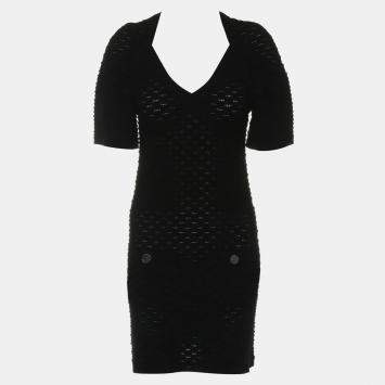 Pre Owned Chanel Black Wool Knitted Short Sleeve Dress FR Women 34