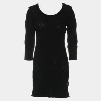 Pre Owned Chanel Black Rayon Ruffle-Trim Long Sleeve Dress FR Women 34