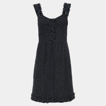 Pre Owned Chanel Dark Blue Tweed Sleeveless Dress FR Women 40