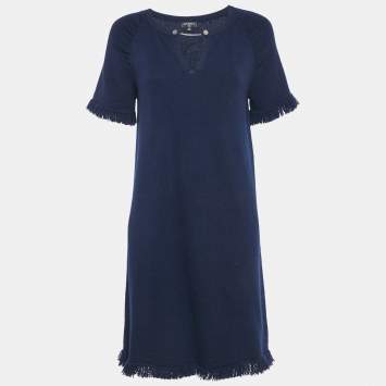 Chanel Navy Blue Fringed Cashmere Knit Short Dress M