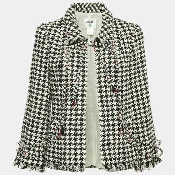 Chanel Black Houndstooth Tweed Open Front Jacket L